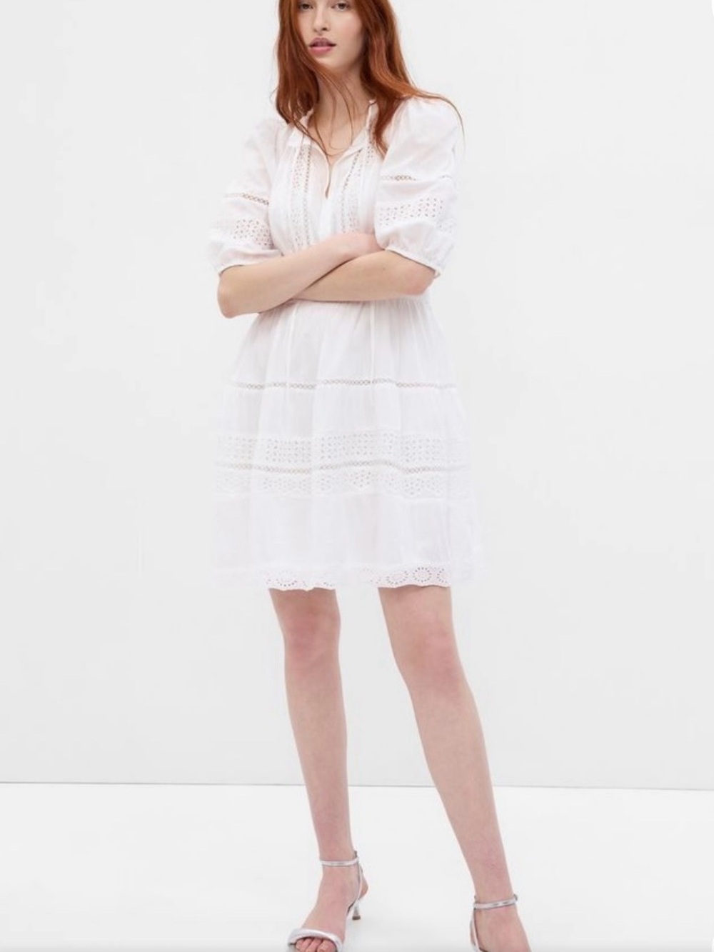 NWT White Gap puff sleeve cotton lace eyelet voile dress P  M